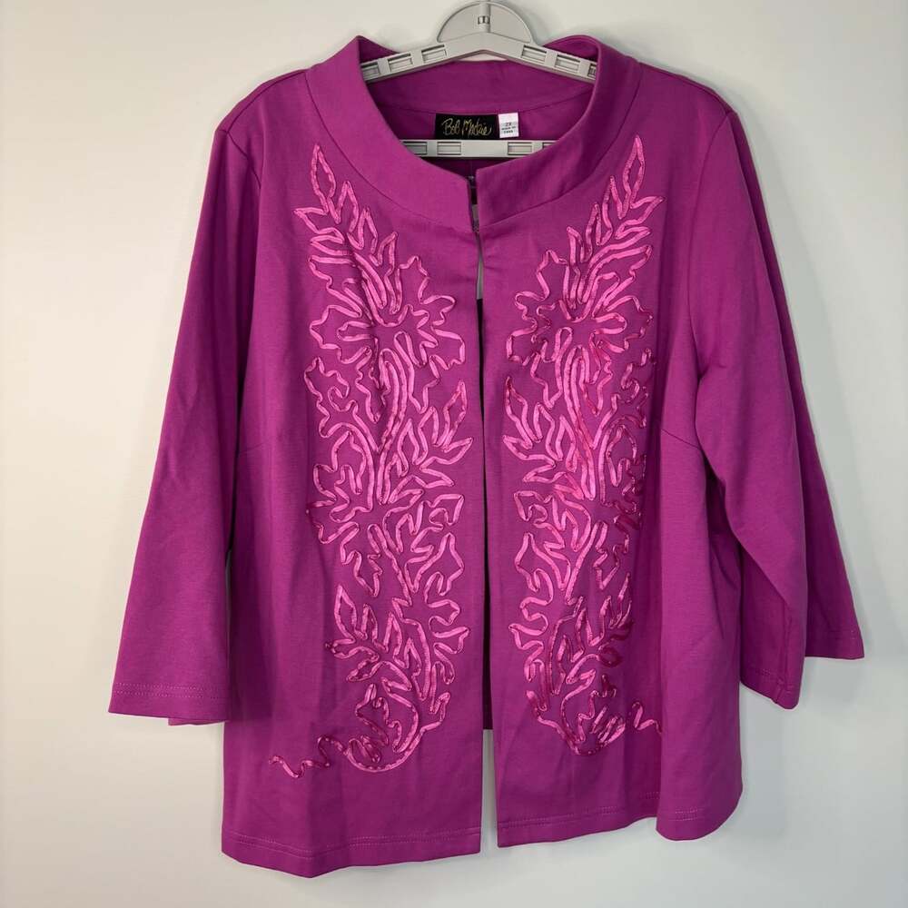 Bob Mackie NEW open front ribbon embellished cardigan womens 2X purple stretch